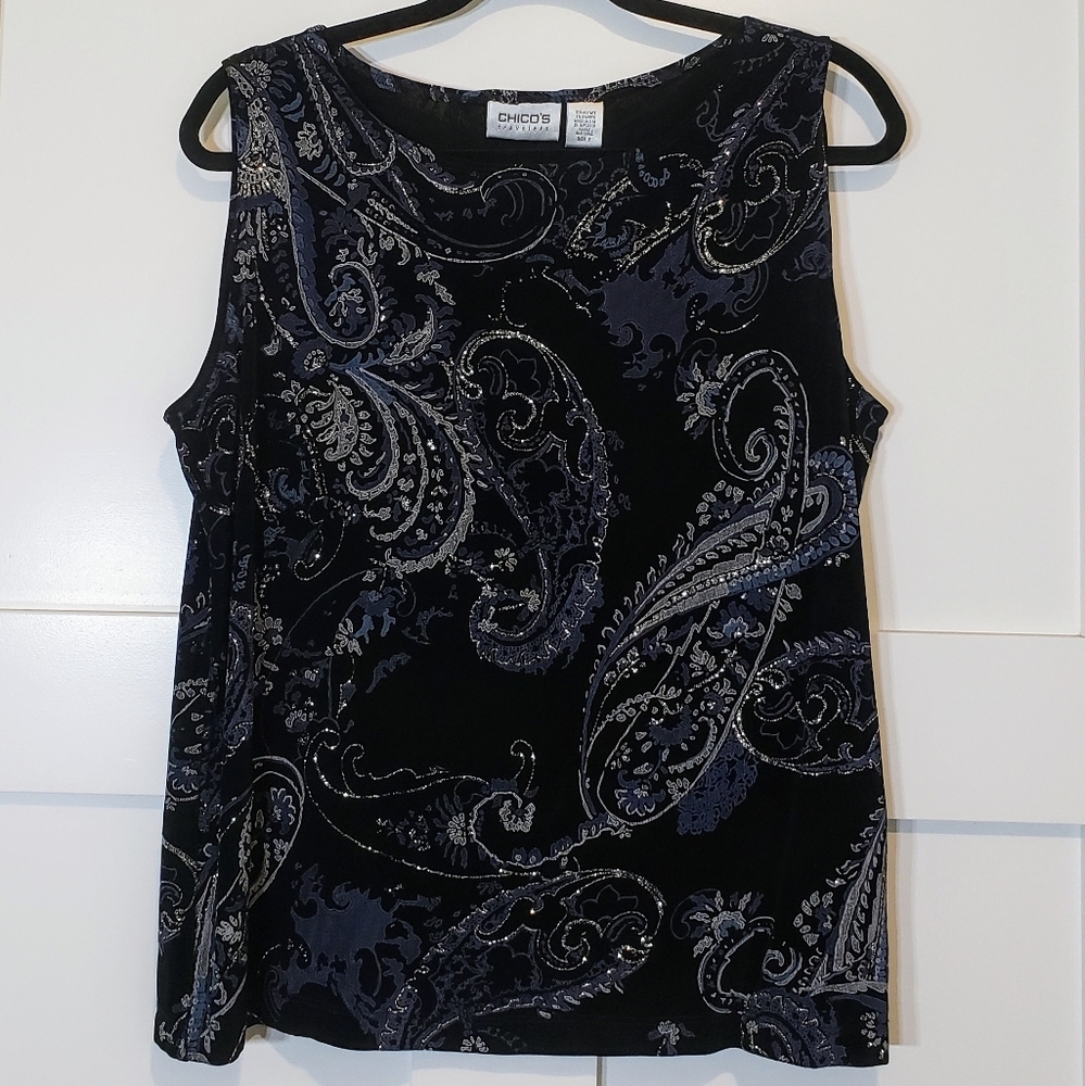 Chico's Travelers Tank Top Black Blue Silver Paisley Print Silver Sparkles Sz Xl